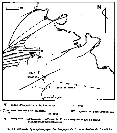 {Fig. 58 : Contexte hydrogéologique des traçages de la rive droite de l'Ardèche. (5. Foussoubie ; 6. Vanmalle)}